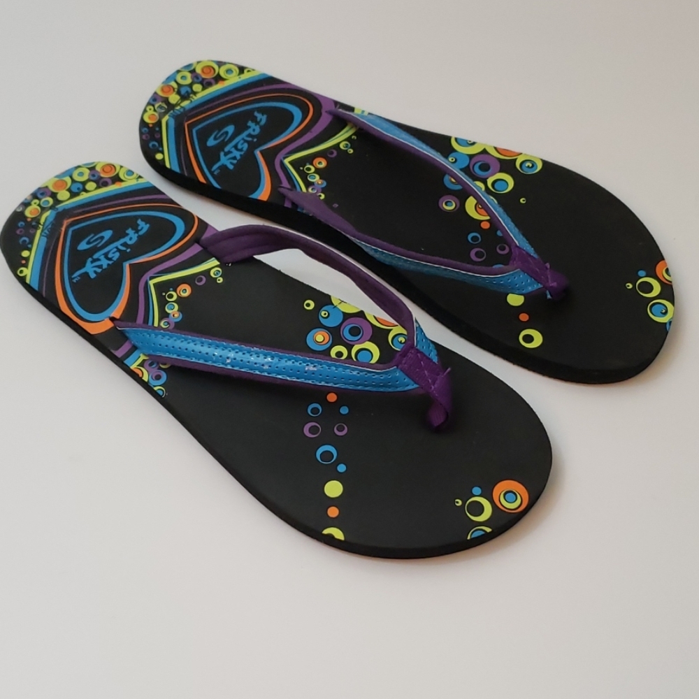Sz 8 Frisky Black and Neon colored Flip Flops